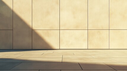 Minimalist Architecture Beige Tiled Wall and Floor with Sunlight and Shadows.