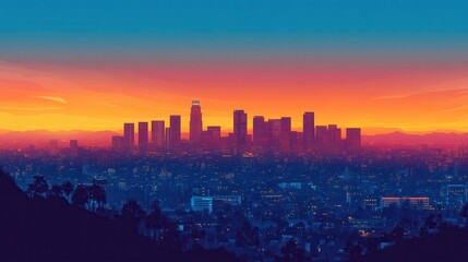 Fototapeta premium Stunning Los Angeles Skyline at Sunset Vibrant Colors, City Lights, and Urban Landscape.