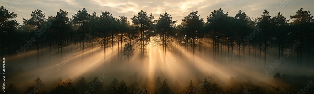 Poster misty forest at dawn with sunbeams filtering through tall trees.