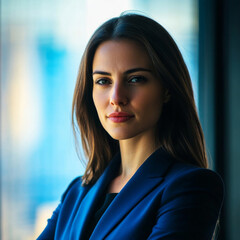 Fototapeta premium A female businesswoman, dressed in a sleek professional suit, stands confidently amidst the soft light, embodying the essence of career success and determination