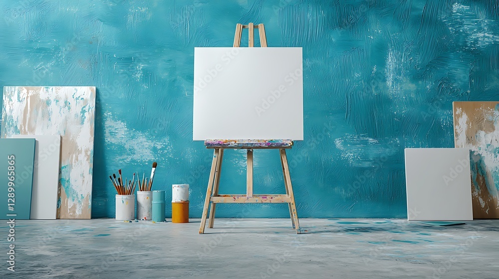Poster artistic creation in a studio blank canvas display creative space indoor bright color palette