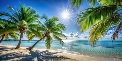 Palm trees sway gently in the tropical breeze as sunlight filters through the leaves, casting dappled shadows on the warm sandy shore, beach scenery, clear blue water