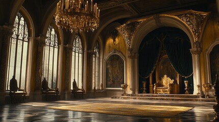 Ornate Golden Ballroom Interior with Arched Windows and Grand Chandelier