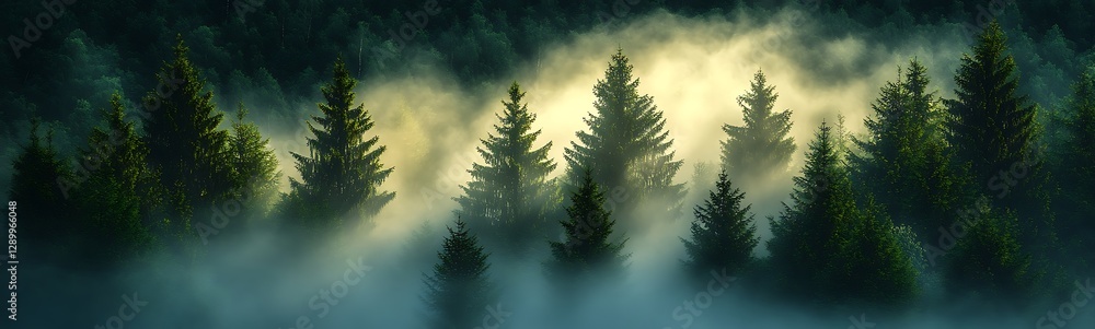 Poster Misty forest with tall trees illuminated by soft light, creating a serene atmosphere.