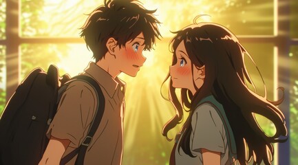 Romantic Anime Scene of a High School Couple Gazing Lovingly at Each Other