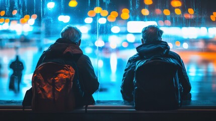 Obraz premium Two People Sitting by Window During Rainy Night in City Lights