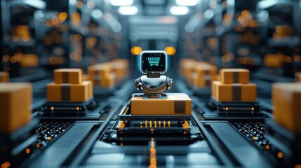 Futuristic e commerce fulfillment center equipped with automated robotic systems conveyor belts and advanced data analytics for efficient packaging storage and distribution of goods