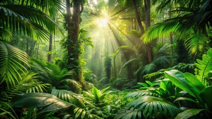 Naklejka premium Dense jungle foliage with sunlight filtering through the leaves, creating a dappled forest floor