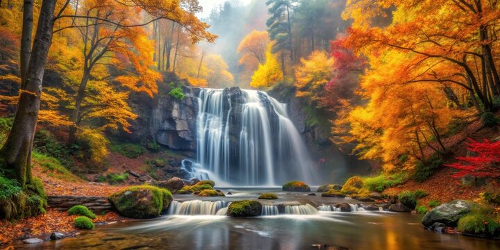 Misty Autumn waterfall in a forest with colorful flowers and lush greenery surrounding it