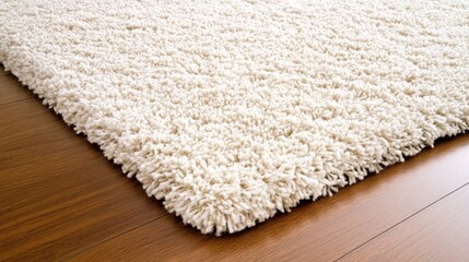 Plush White Shag Rug on Warm Wooden Floor in Cozy Interior Space for Homely Atmosphere and Comfort