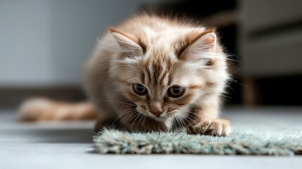 Adorable Fluffy Kitten Playing on Rug  Cute Pet  Home  Domestic Cat