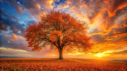 A lone tree stands against a vibrant sky with hues of orange, red, and yellow, its branches bare but the ground covered in a blanket of golden fallen leaves , warm light, nature landscape