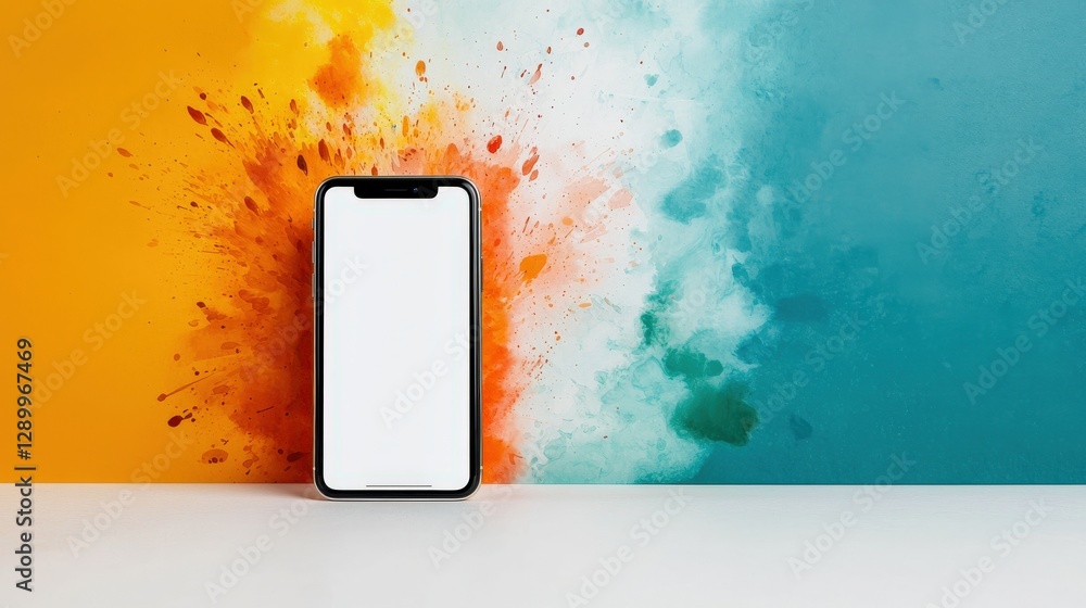 Poster a phone is sitting on a table with a splash of paint on it