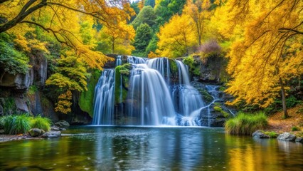 Fototapeta premium waterfall amidst greenery and yellow tree foliage, natural beauty