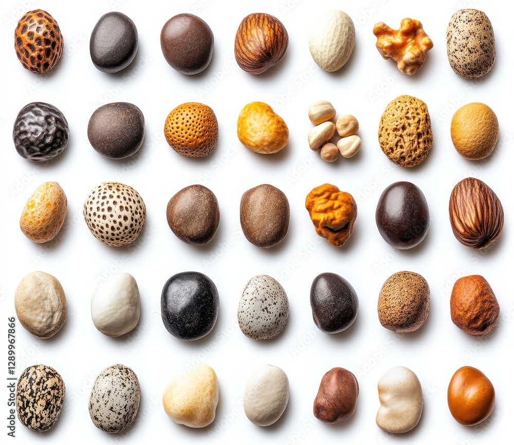 Poster diverse collection of natural stones and pebbles arranged in a pattern on white background ideal for