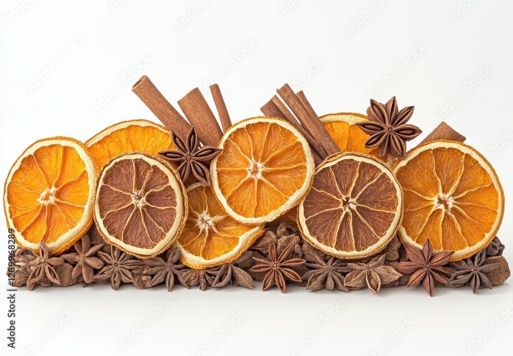 Aufkleber dried orange slices arranged with cinnamon sticks and star anise on a neutral background creating a 