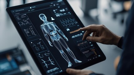 Futuristic AI powered healthcare assistant with real time medical data visualization and 3D anatomical models for advanced patient monitoring diagnostics and treatment planning