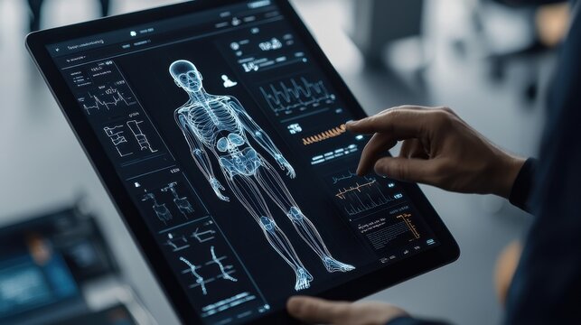 Futuristic AI powered healthcare assistant with real time medical data visualization and 3D anatomical models for advanced patient monitoring diagnostics and treatment planning