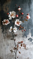 Close-up of Delicate Floral Arrangement with White and Pink Flowers, Berries, and Textured Dark Background