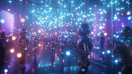 Futuristic Robot Assembly in a Neon-Lit Environment with Bokeh Lights