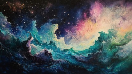 Obraz premium Dreamy Abstract Space Nebula Painting with Stars and Textured Clouds in Blue, Pink, and Gold