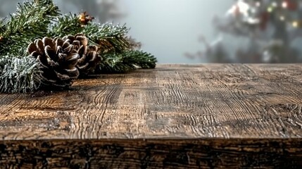 Rustic Wooden Table Christmas Decor  Pine Cones  Fir Branches  Festive Background