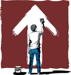 young man paints up arrow
