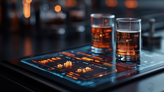 Futuristic drink customization bar with a holographic digital interface allowing users to control and customize their drinks with glowing glasses of liquor like whiskey or bourbon on a sleek