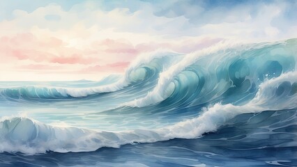 Fototapeta premium a watercolor painting of a large wave crashing into the shoreline in the ocean