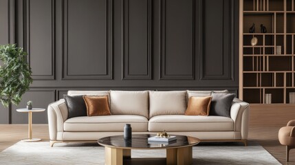 Modern living room with minimalist decor and warm lighting, embodying simplicity and elegance.
