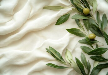 Elegant Green Olive Branches on Soft Cream Fabric with Draped Texture for Natural and Organic Themed Designs and Backgrounds