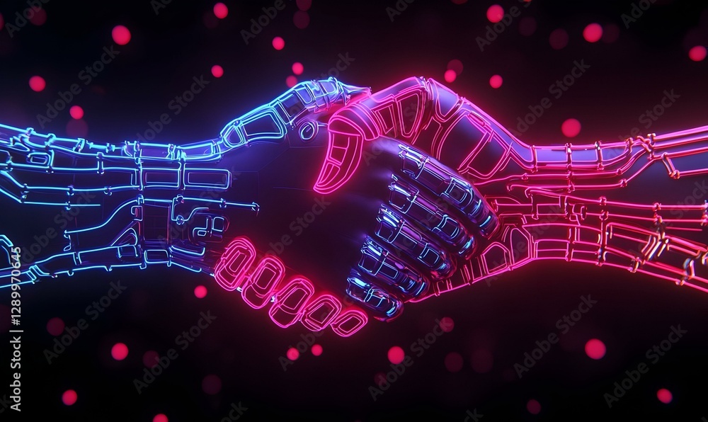 Poster glowing connections, a close-up of a handshake illuminated by a vibrant plexus pattern, symbolizing 
