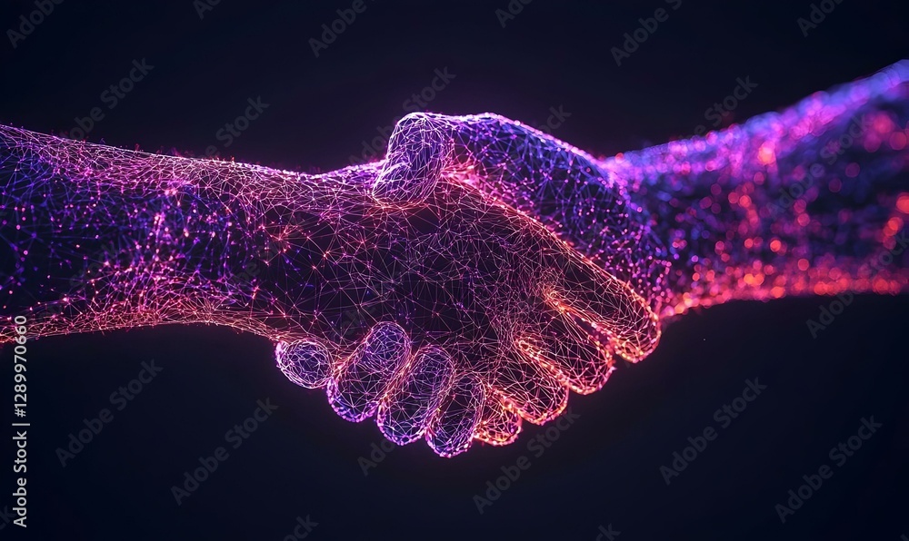 Poster glowing handshake symbolizing unity and connection, a close-up of two hands clasping, intertwined wi
