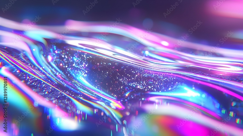 Poster vibrant spectrum, a close-up view of shimmering, rainbow-colored glitter reflecting light, creating 