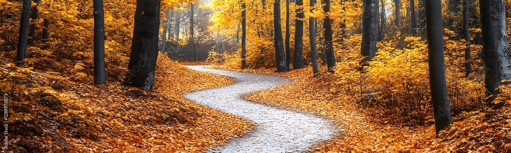 Poster winding path through a vibrant autumn forest with golden leaves and trees.