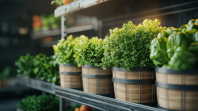 Futuristic augmented reality grocery shopping experience with interactive digital displays sustainable produce and eco friendly indoor vegetation  A glimpse into the future of smart