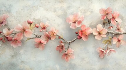 A delicate branch of pink cherry blossoms against a textured background.