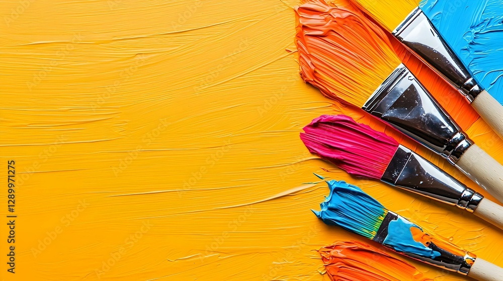 Poster vibrant paintbrushes on a blank canvas, an array of colorful paintbrushes arranged against a clean b