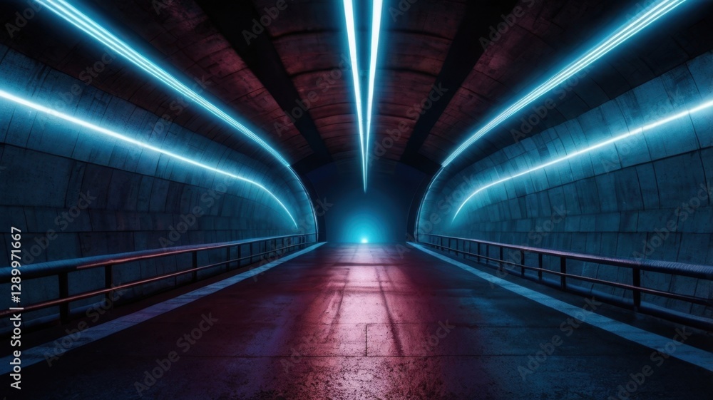Poster abstract tunnel corridor with symmetrical blue and red neon lights glowing in dark concrete structur