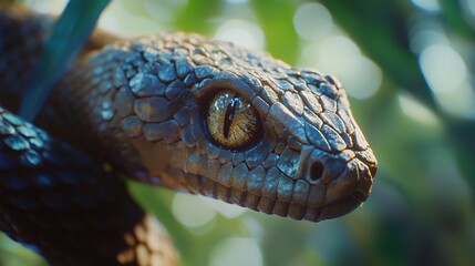 Fototapeta premium Close-up of a snake's head in lush greenery.