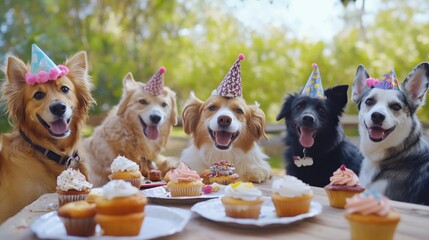 A group of happy dogs celebrating a birthday with cupcakes outdoors.