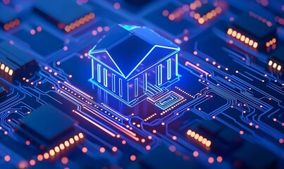 Obraz premium Futuristic polygonal circuit design representing banking concepts, vibrant holographic elements, dynamic digital landscape, innovative technology theme.