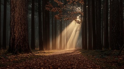 Magical Forest Path  Sunbeams  Autumn Leaves  Misty Woods