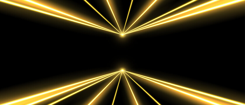Laser beams, concert or nightclub spotlights light effect. Lasers in motion, abstract perspective background. Vector illustration.