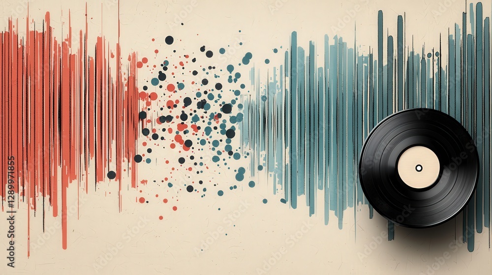 Poster a record player sits on a colorful background with splatters of paint