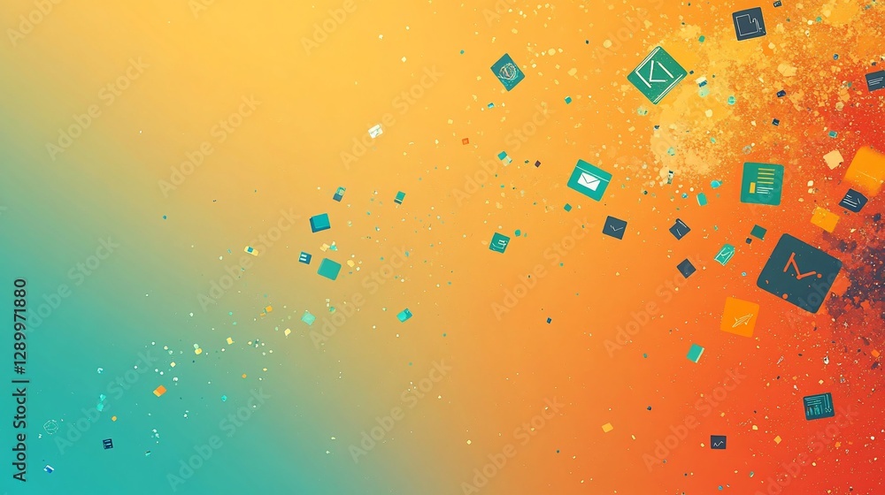 Poster abstract digital network background with floating icons on a colorful gradient backdrop
