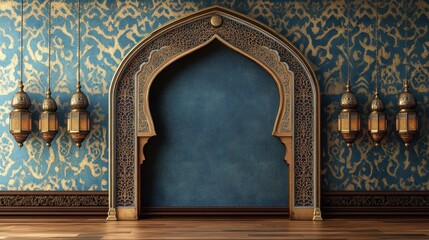 Ornate archway with hanging lanterns in a richly decorated room.