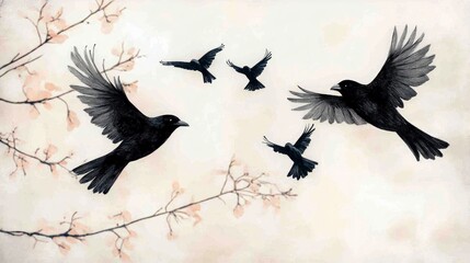 Naklejka premium Black Birds in Flight Artistic Sketch Nature Wildlife Birds Artwork