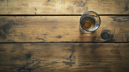 A glass of water on a wooden table, symbolizing simplicity and purity.