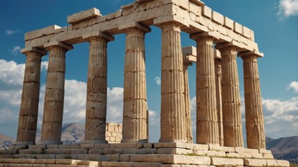 Fototapeta premium Ancient Greek Temple Ruins Featuring Doric Columns Against a Partly Cloudy Sky with a Mountainous Background in Warm Sunlight